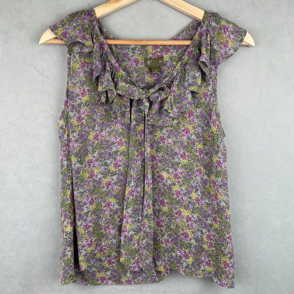Fei Anthropologie Purple Floral‎ 100% Silk Ruffle Tie Neck Boho Chic Blouse 6